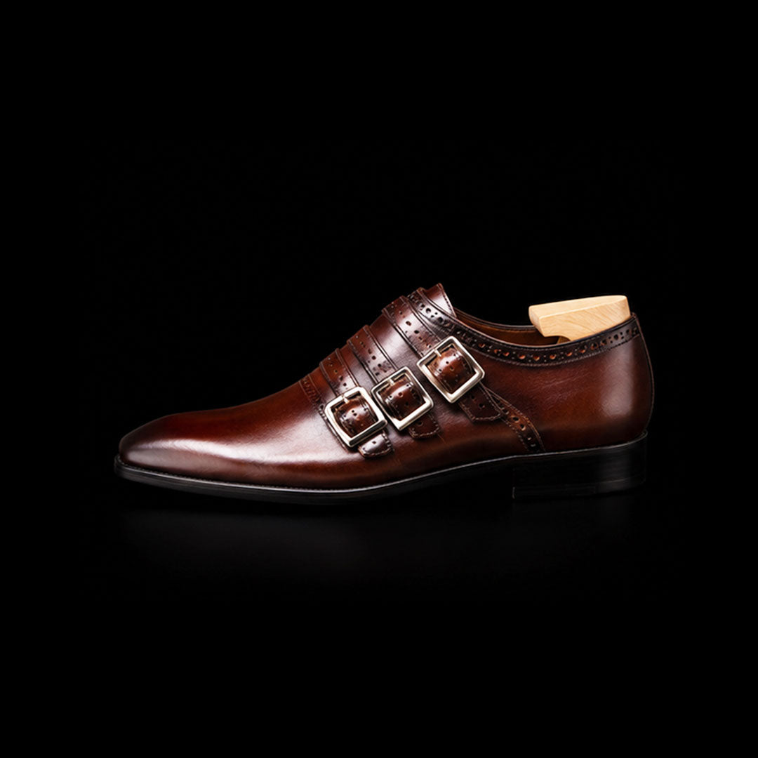 The Marquis – Dark Brown Patina Triple Monk Strap | Leather Shoe