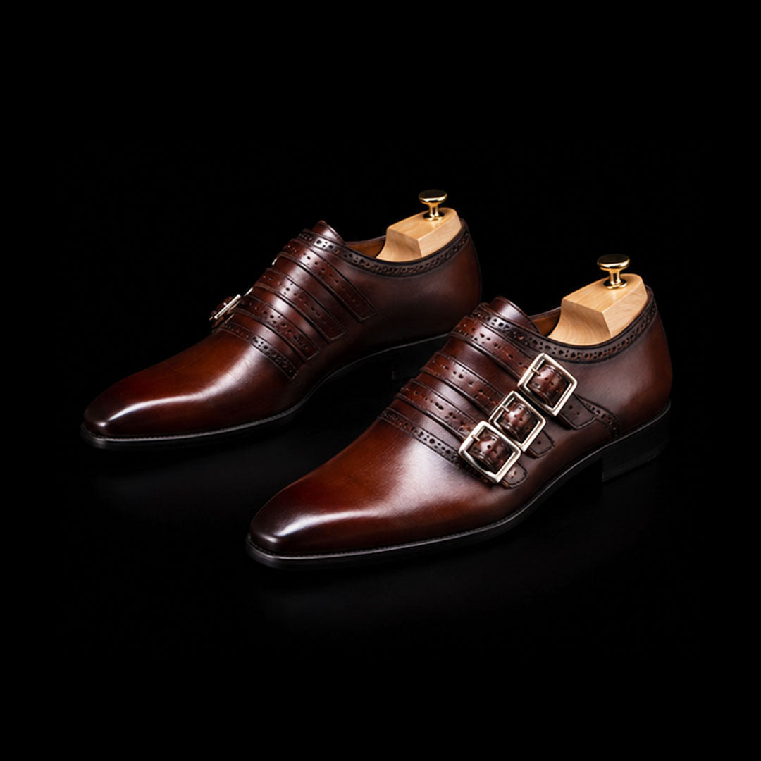 The Marquis – Dark Brown Patina Triple Monk Strap | Leather Shoe