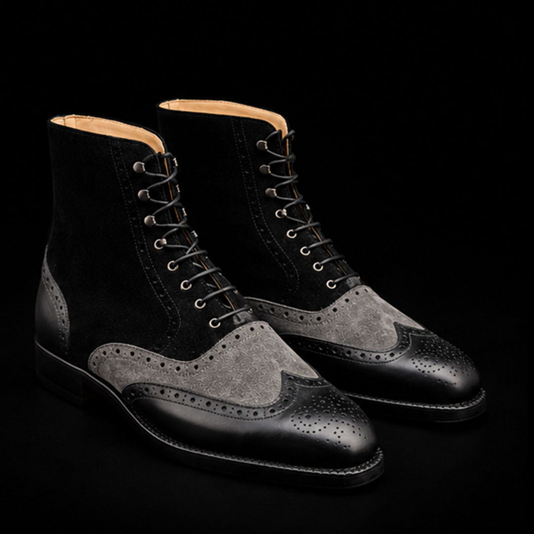 The Royal – Grey & Black Suede Wingtip Boots | Leather Shoe