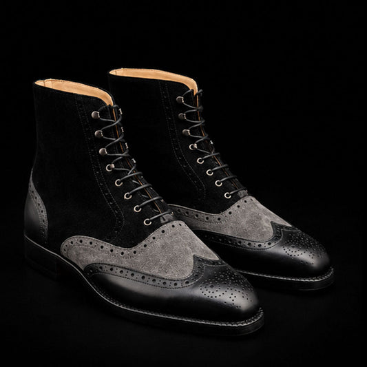 The Royal – Grey & Black Suede Wingtip Boots | Leather Shoe