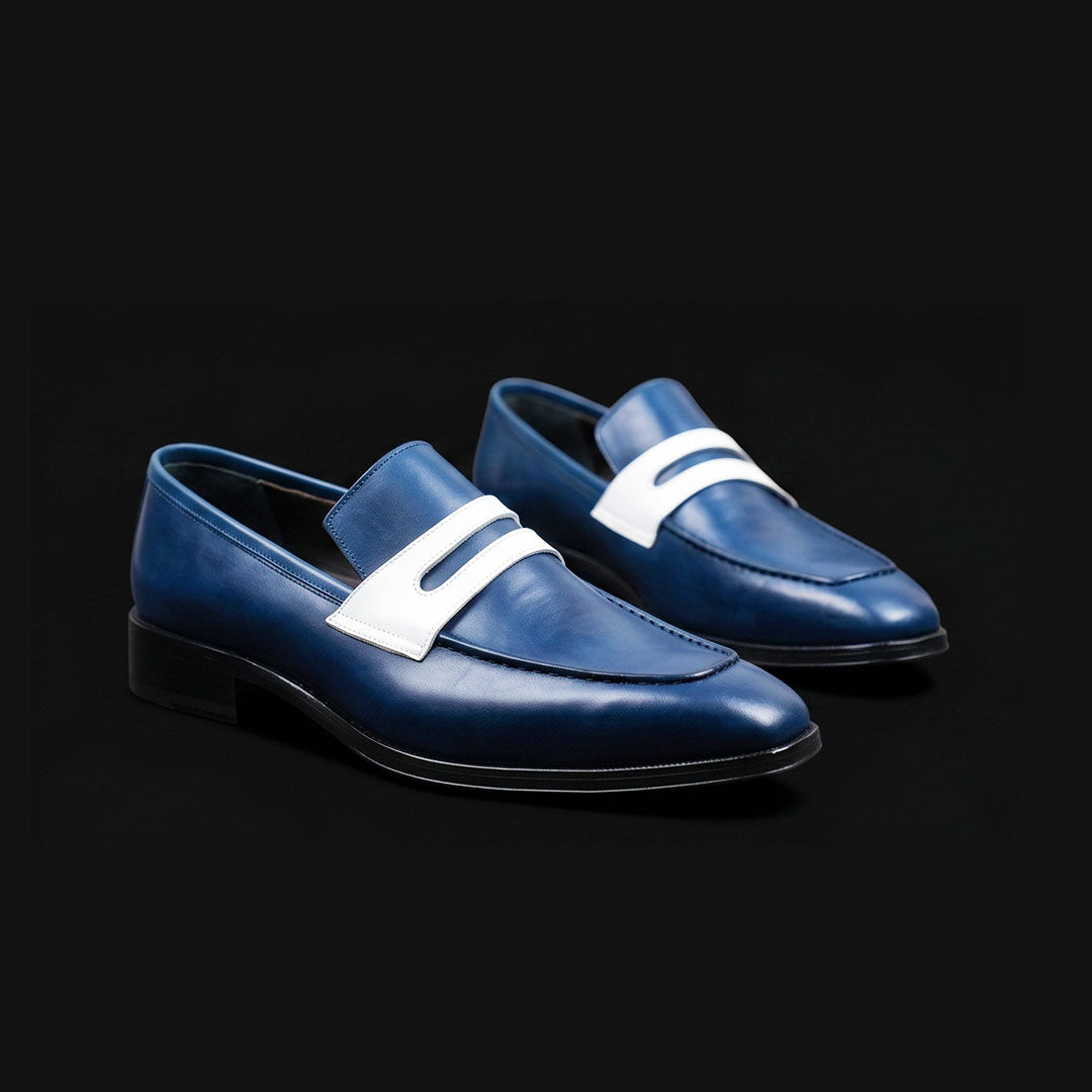 The Mantua – Navy Blue & White Penny Loafer | Leather Shoe
