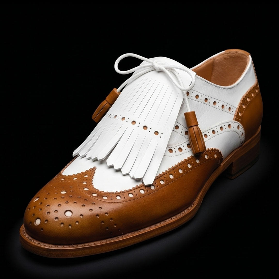 The Compass – Tan & White Fringed Wingtip | Leather Shoe
