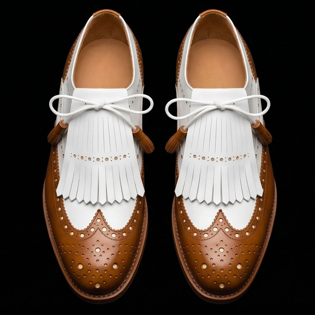 The Compass – Tan & White Fringed Wingtip | Leather Shoe