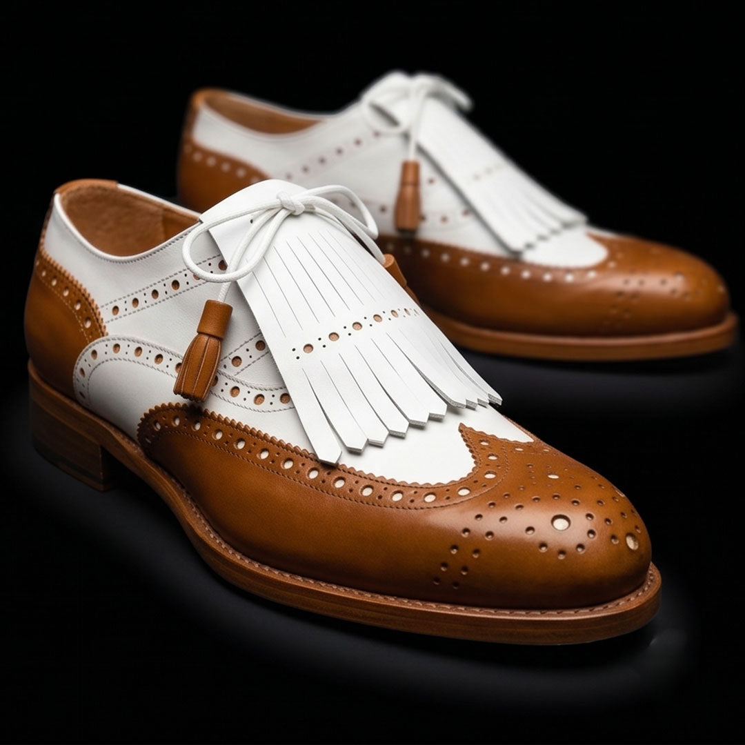 The Compass – Tan & White Fringed Wingtip | Leather Shoe