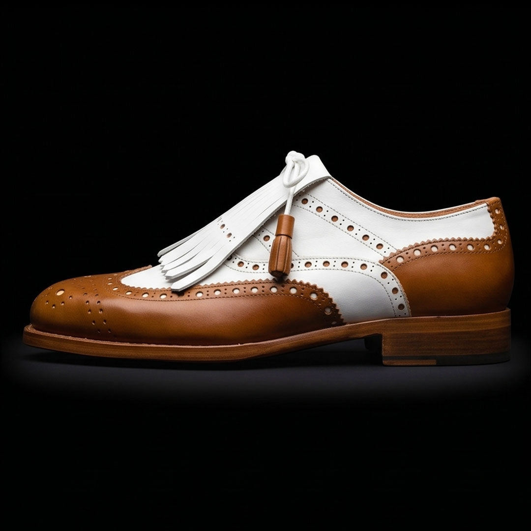 The Compass – Tan & White Fringed Wingtip | Leather Shoe