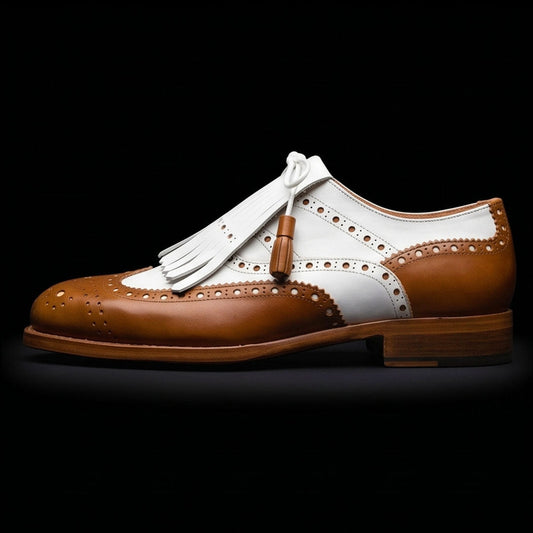 The Compass – Tan & White Fringed Wingtip | Leather Shoe