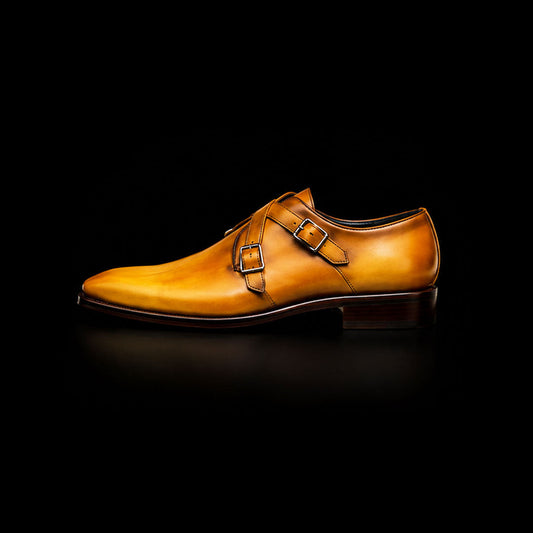 The Groover – Tan Yellow Patina Double Monk Strap | Leather Shoe
