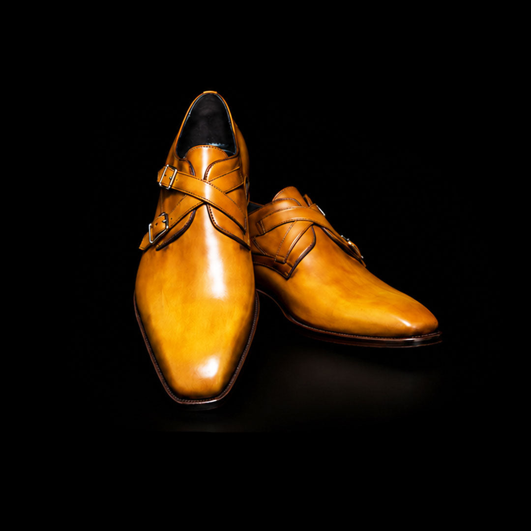 The Groover – Tan Yellow Patina Double Monk Strap | Leather Shoe