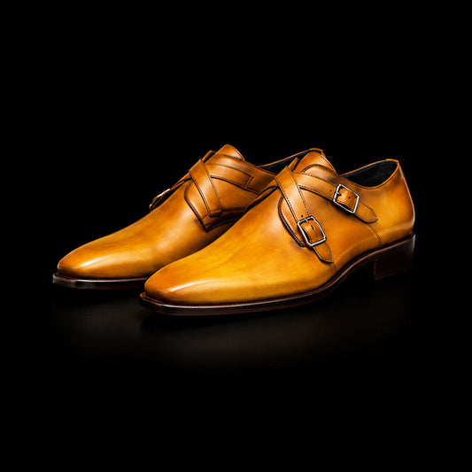 The Groover – Tan Yellow Patina Double Monk Strap | Leather Shoe