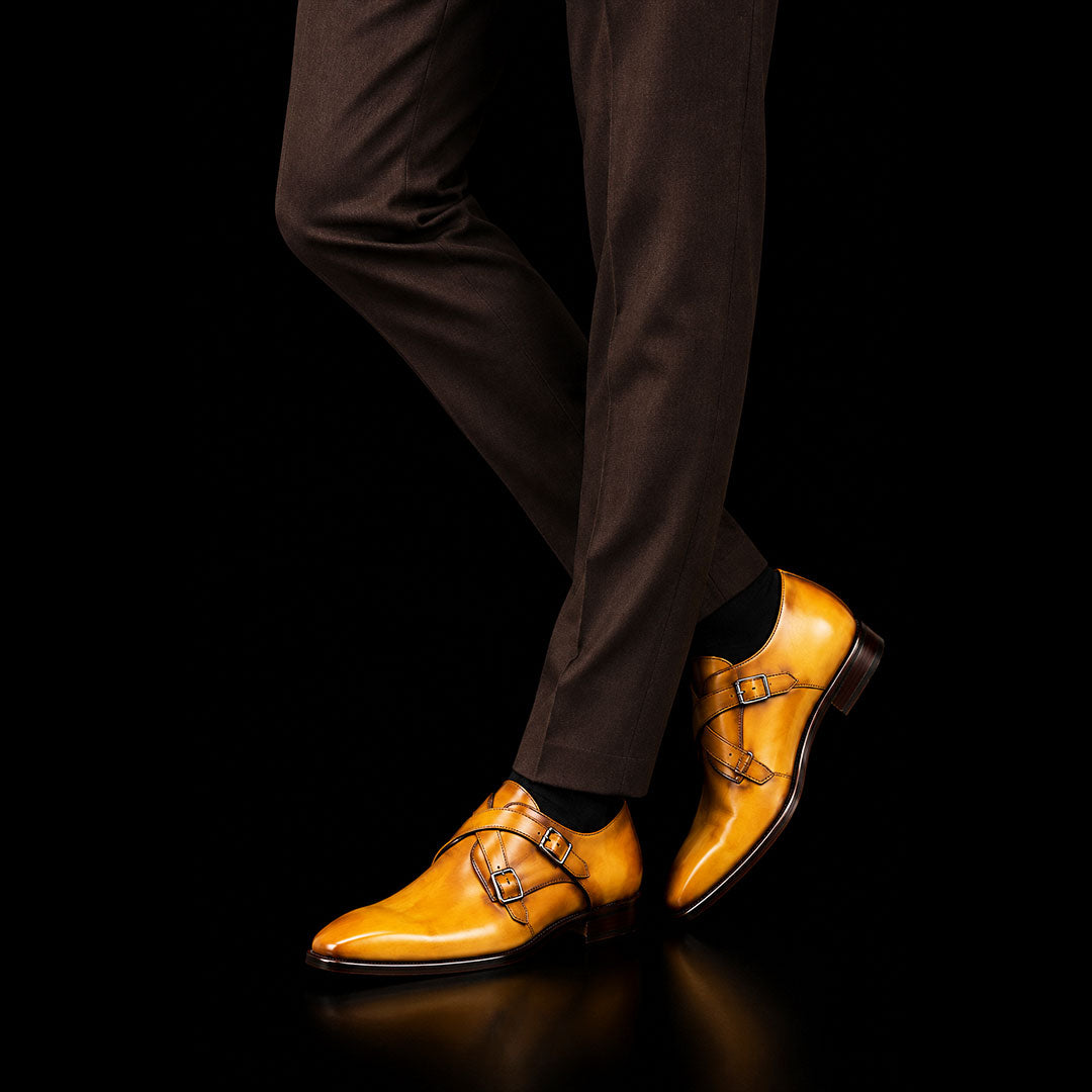 The Groover – Tan Yellow Patina Double Monk Strap | Leather Shoe