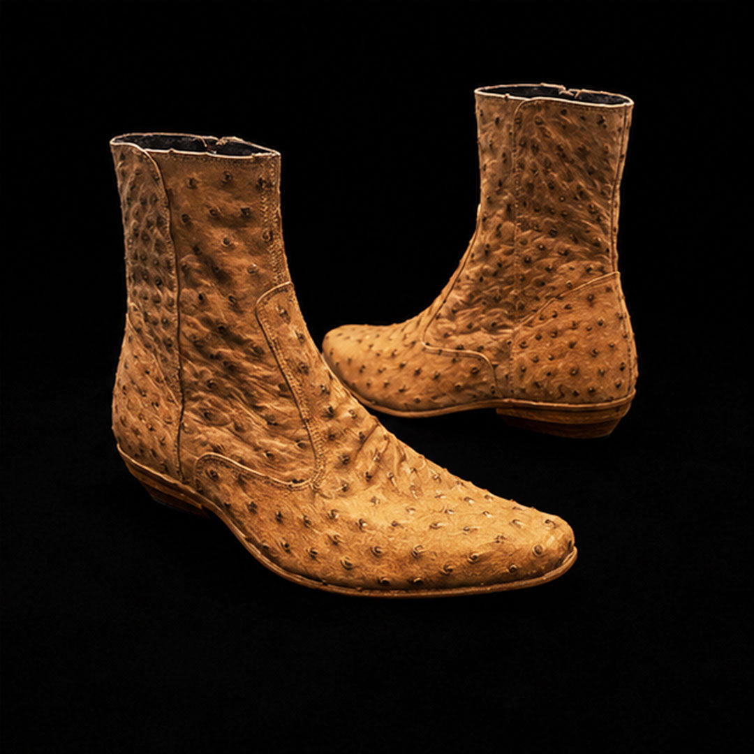 The Pullup – Tan Zipper Ostrich-Print Ankle Boots | Leather Shoe