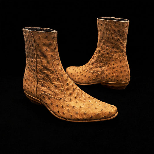 The Pullup – Tan Zipper Ostrich-Print Ankle Boots | Leather Shoe