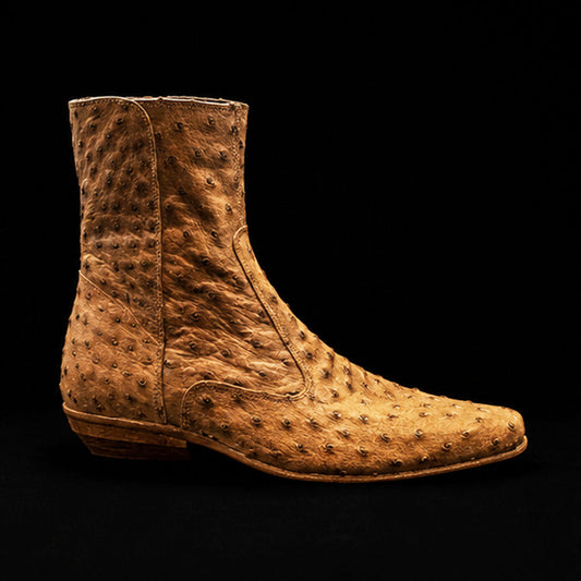 The Pullup – Tan Zipper Ostrich-Print Ankle Boots | Leather Shoe