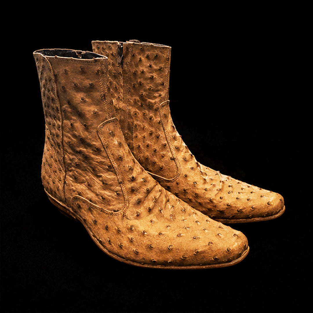 The Pullup – Tan Zipper Ostrich-Print Ankle Boots | Leather Shoe