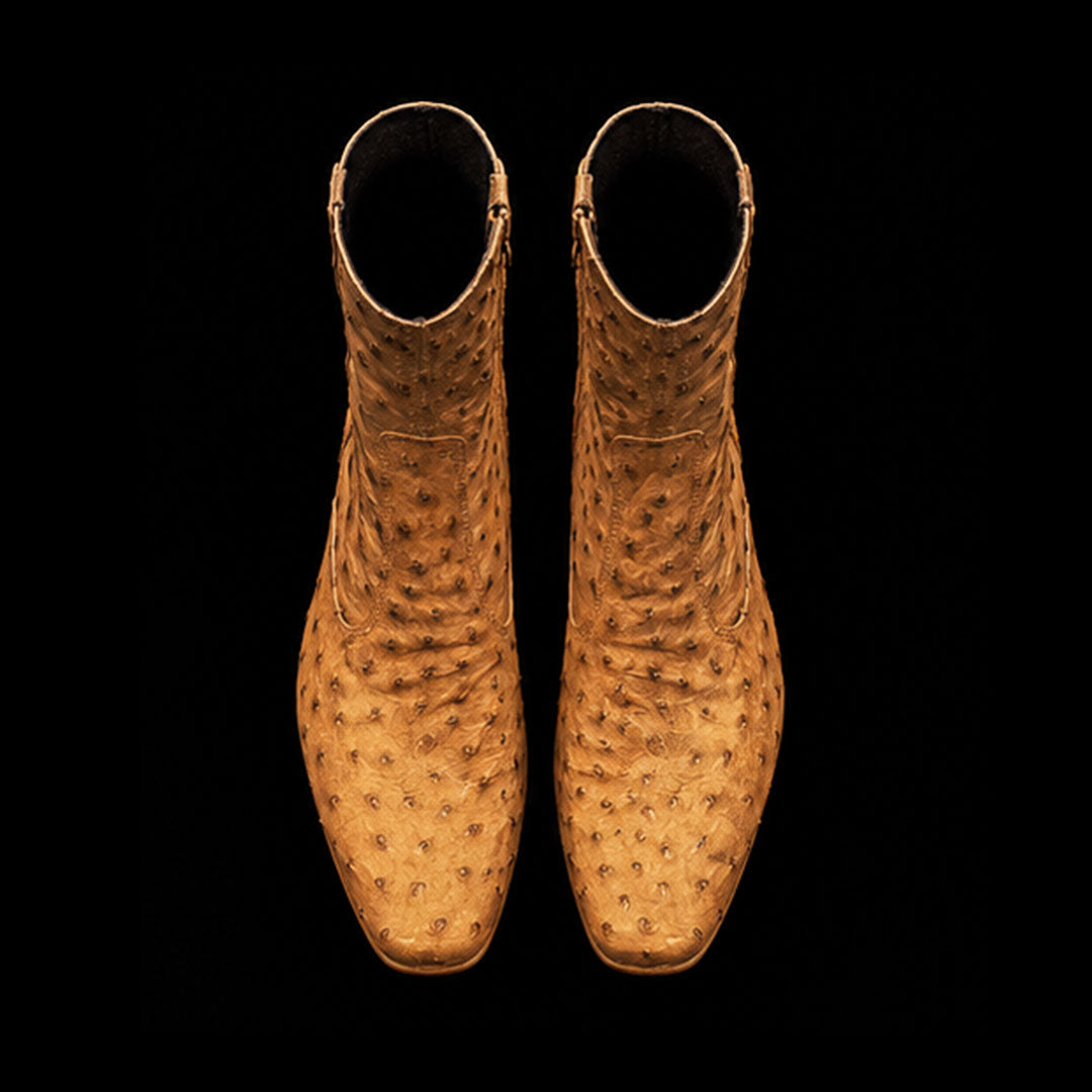 The Pullup – Tan Zipper Ostrich-Print Ankle Boots | Leather Shoe