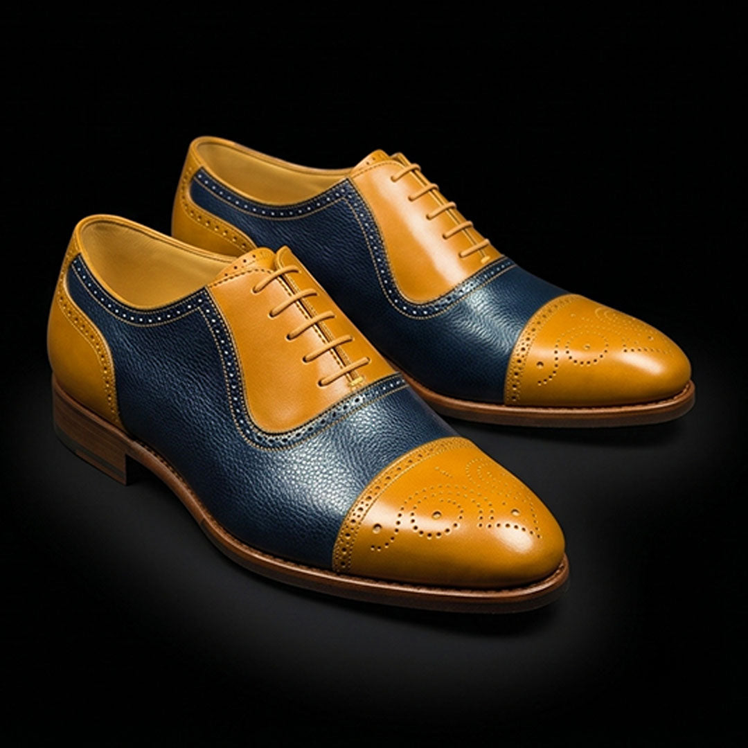 The Rimini – Tan & Navy Brogue Cap Toe Oxford | Leather Shoe