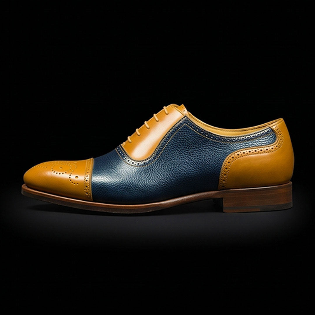The Rimini – Tan & Navy Brogue Cap Toe Oxford | Leather Shoe