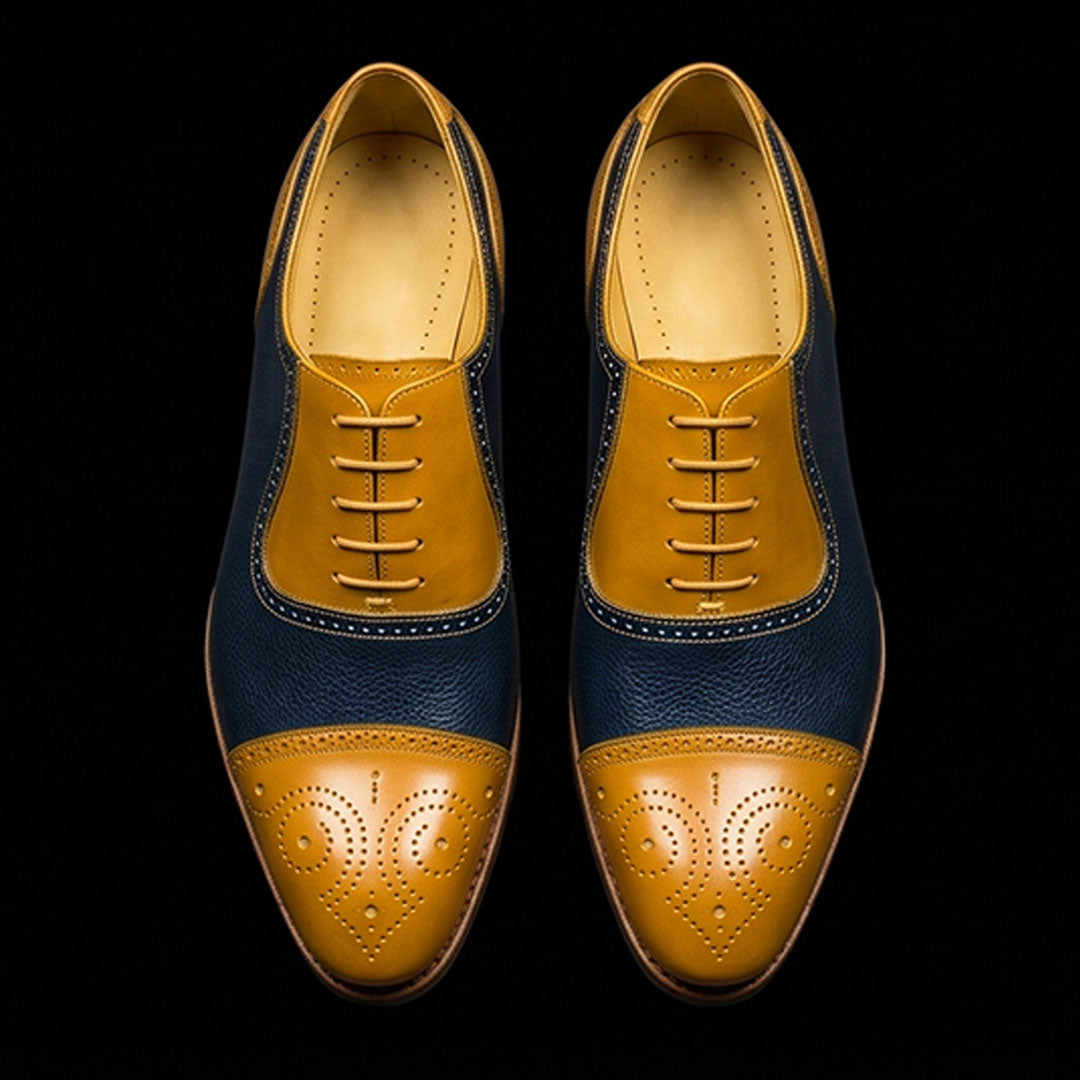 The Rimini – Tan & Navy Brogue Cap Toe Oxford | Leather Shoe