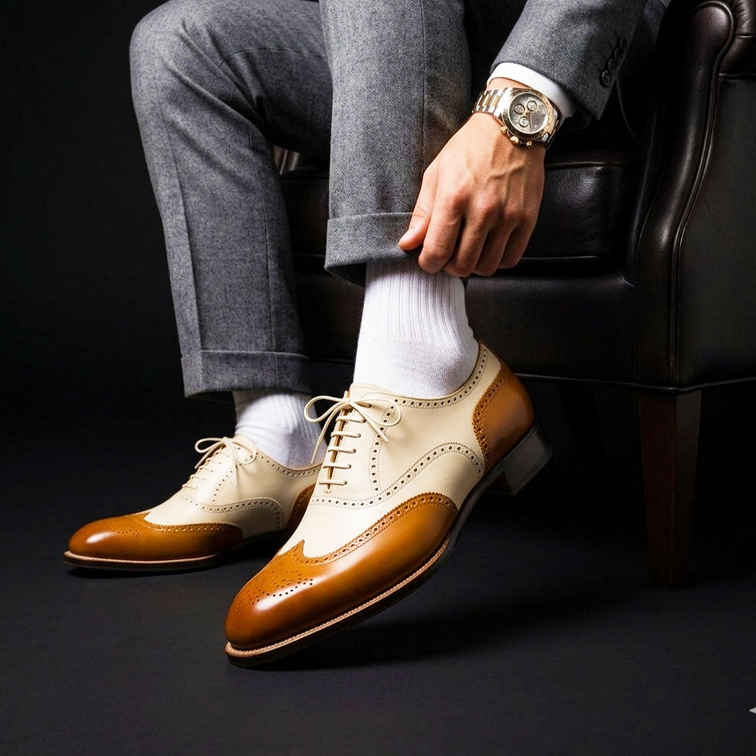 The Quebracho – Tan & White Wingtip Brogue Dress | Leather Shoe