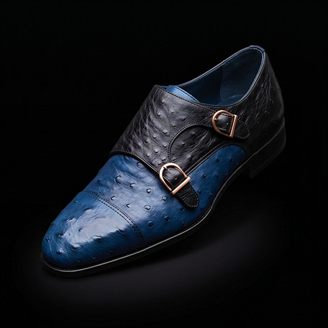 The Horsebit – Two-Tone Blue Ostrich-Print Oxford | Leather Shoe
