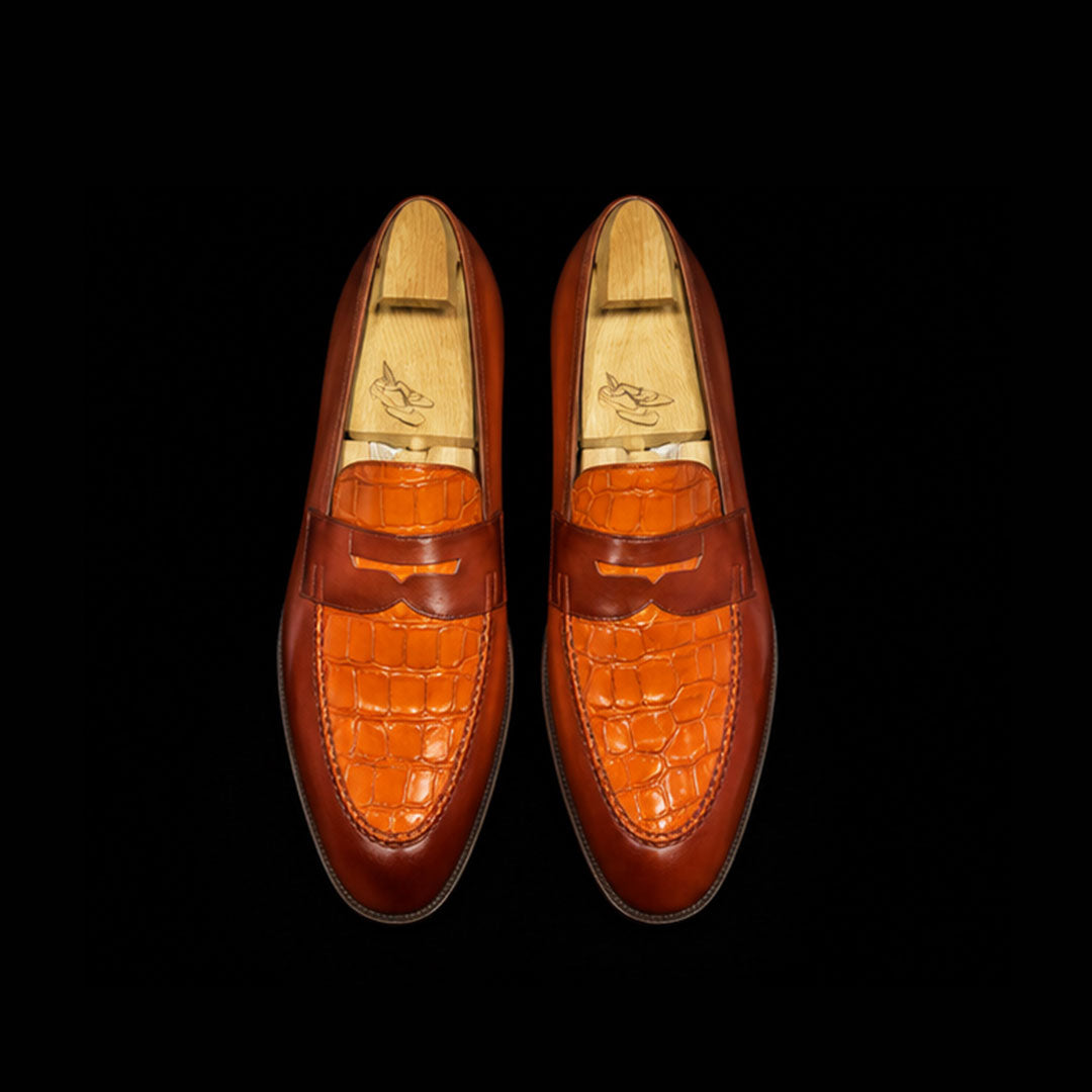 The Rivet – Two-Tone Tan Alligator Penny Loafer | Leather Shoe