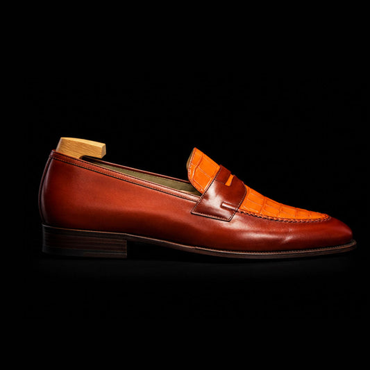 The Rivet – Two-Tone Tan Alligator Penny Loafer | Leather Shoe