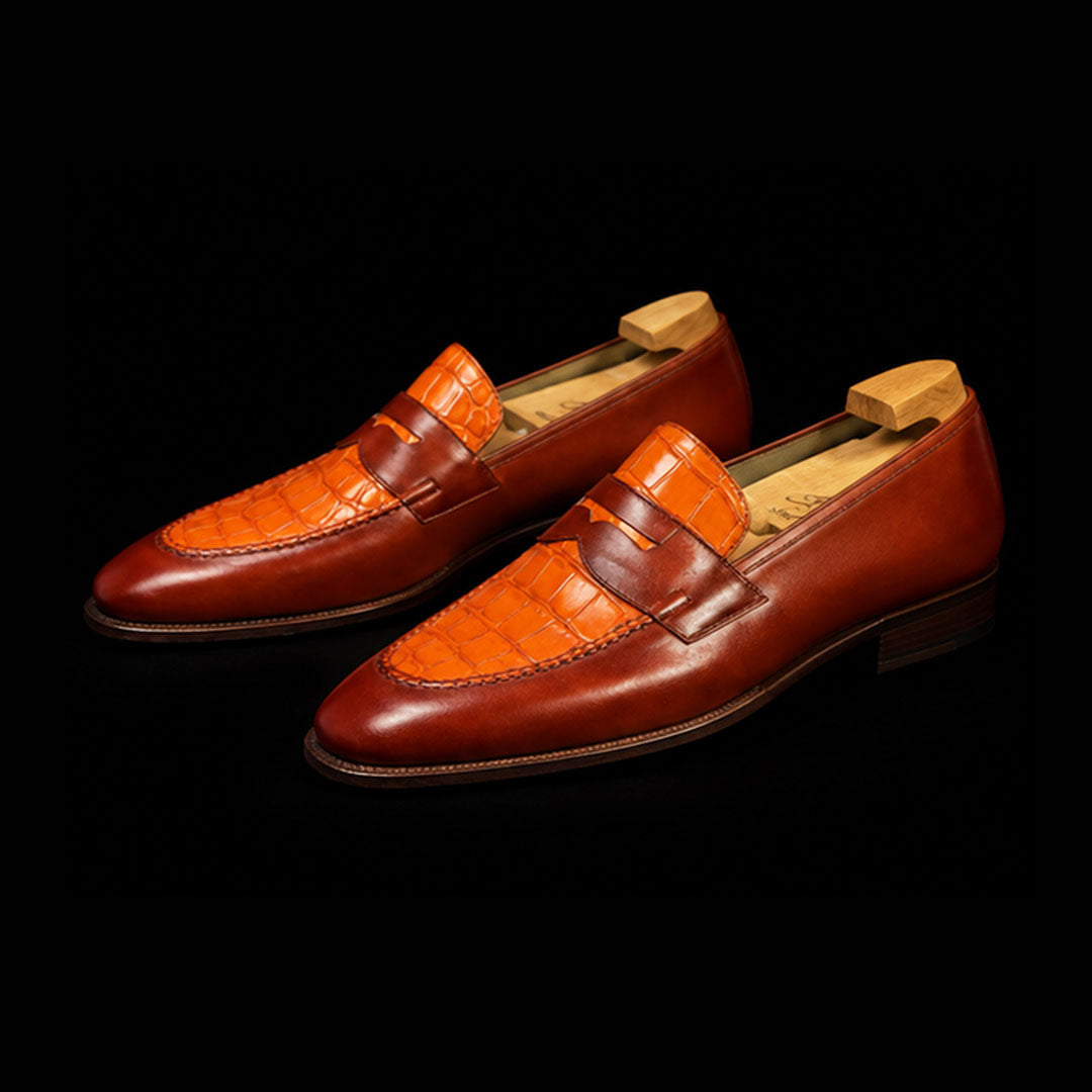 The Rivet – Two-Tone Tan Alligator Penny Loafer | Leather Shoe