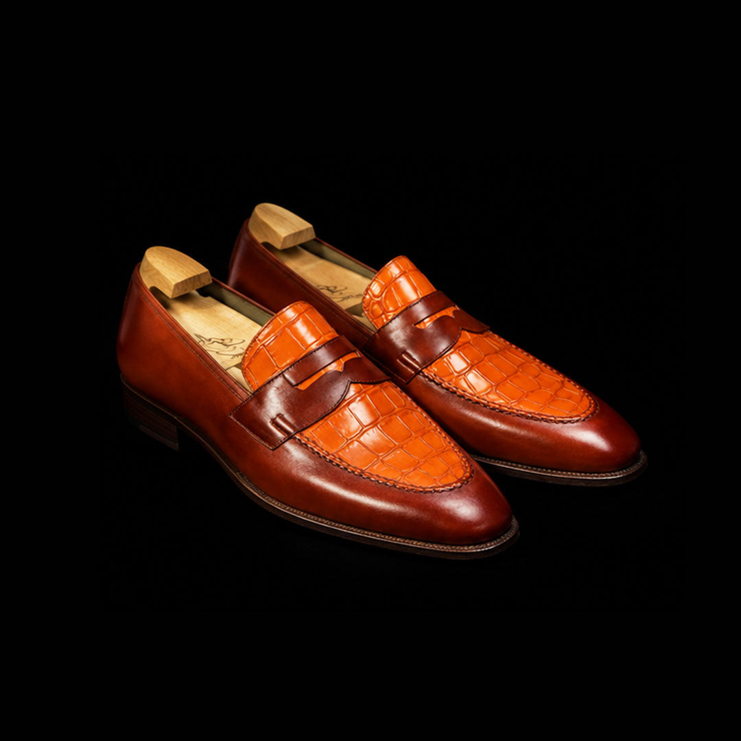 The Rivet – Two-Tone Tan Alligator Penny Loafer | Leather Shoe