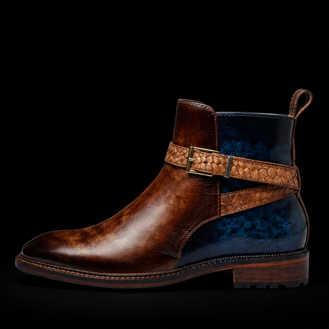 The Dell – Brown & Blue Cross-Strap Ankle Boots | Leather Shoe
