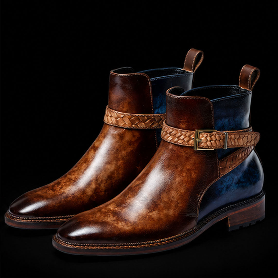 The Dell – Brown & Blue Cross-Strap Ankle Boots | Leather Shoe