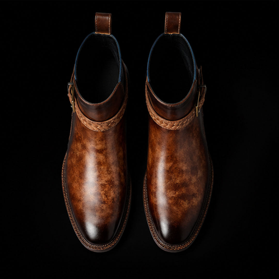 The Dell – Brown & Blue Cross-Strap Ankle Boots | Leather Shoe