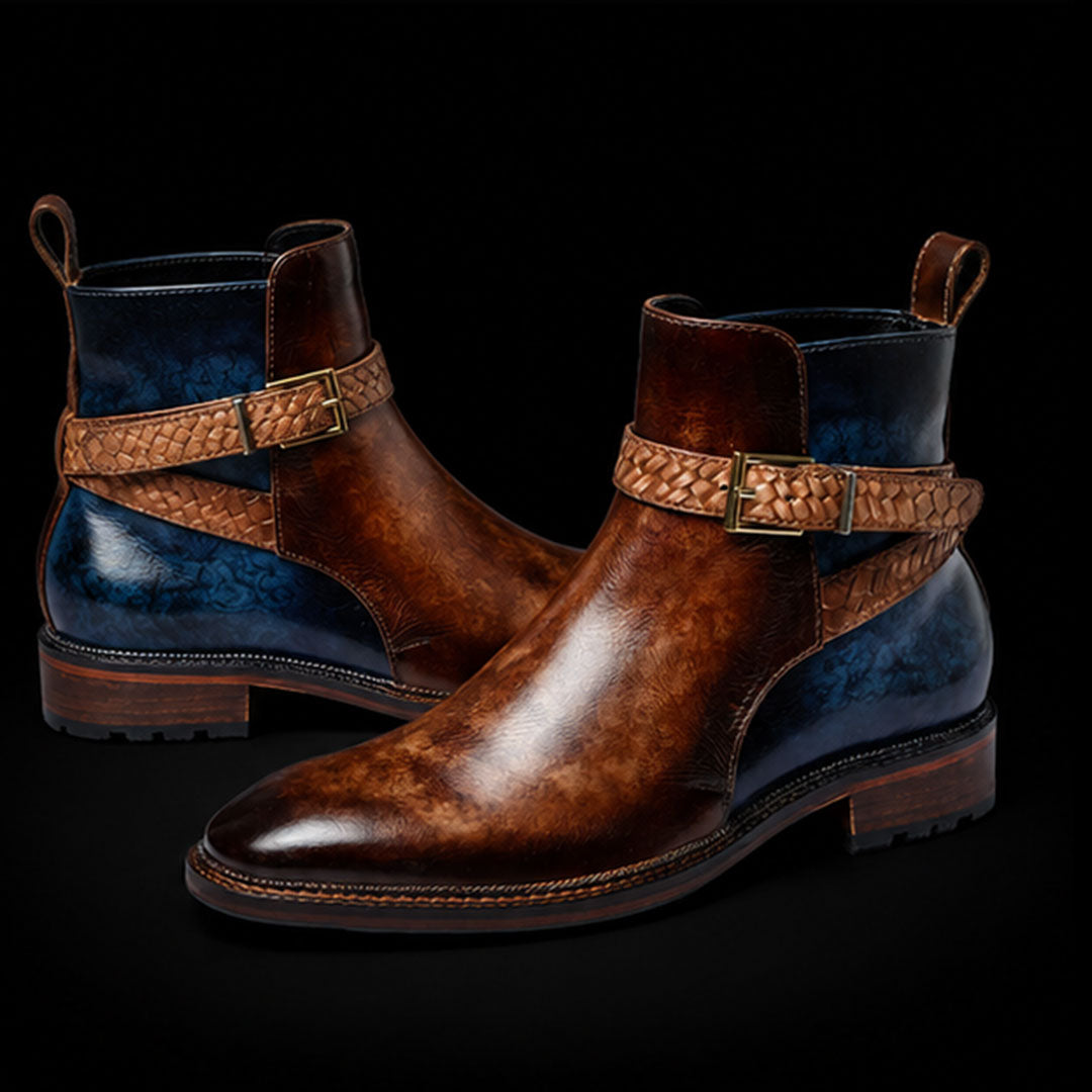 The Dell – Brown & Blue Cross-Strap Ankle Boots | Leather Shoe