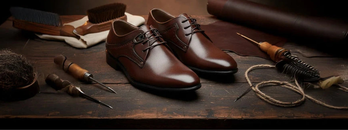 A pair of polished dark brown leather oxford shoes displayed on a rustic wooden workbench surrounded by leathercraft tools and materials.