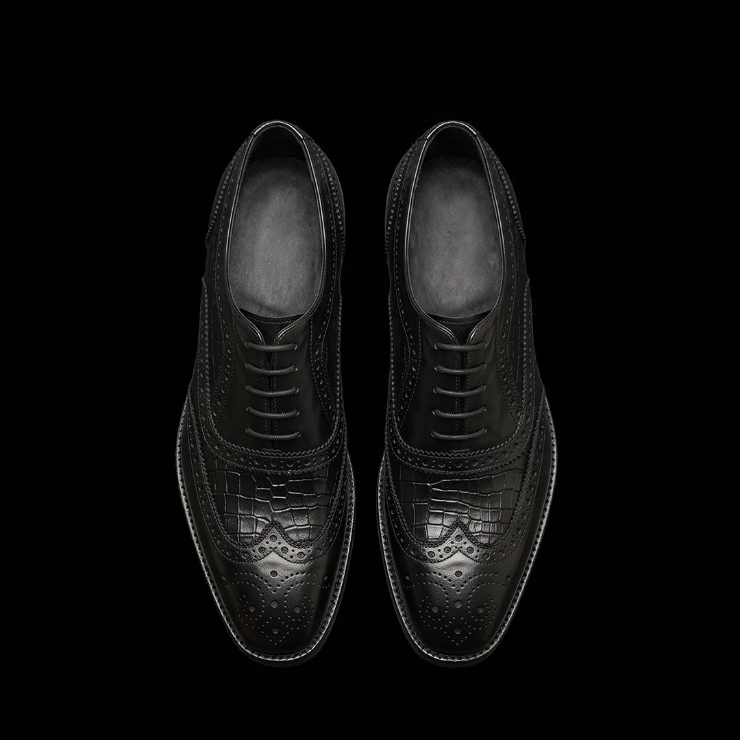 The Morocco – Black Croc-Print Wingtip Brogue | Leather Shoe