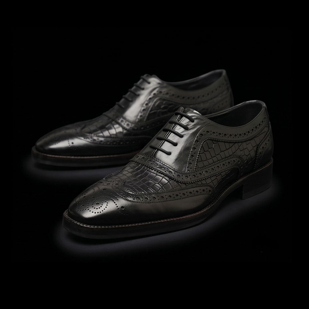 The Morocco – Black Croc-Print Wingtip Brogue | Leather Shoe