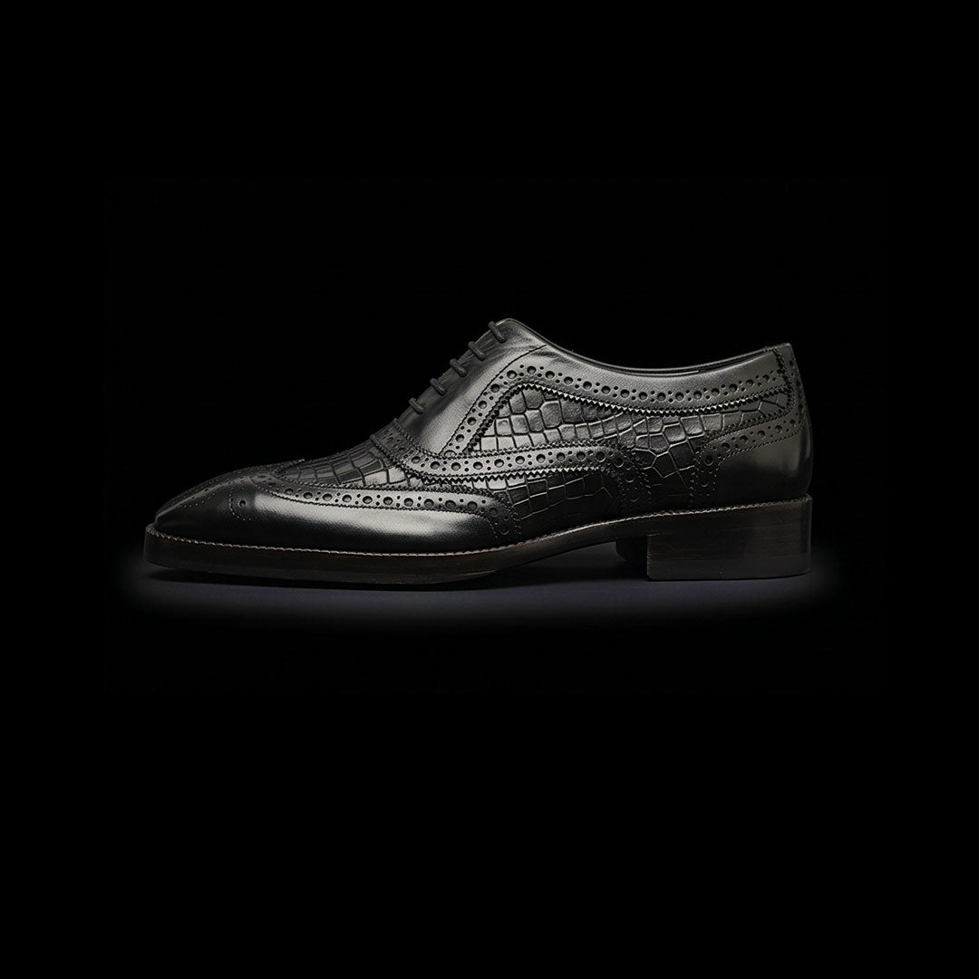 The Morocco – Black Croc-Print Wingtip Brogue | Leather Shoe