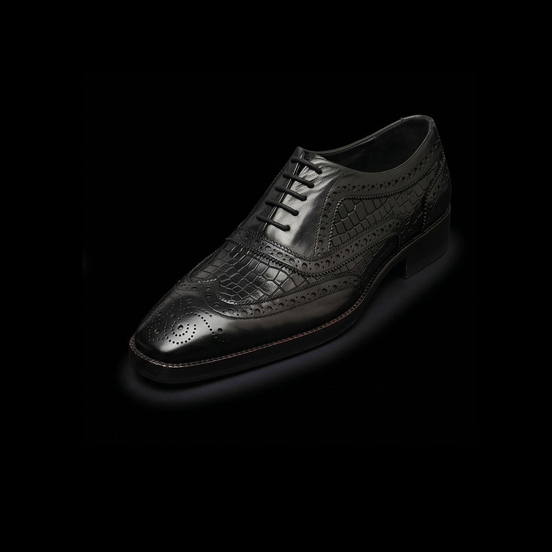 The Morocco – Black Croc-Print Wingtip Brogue | Leather Shoe
