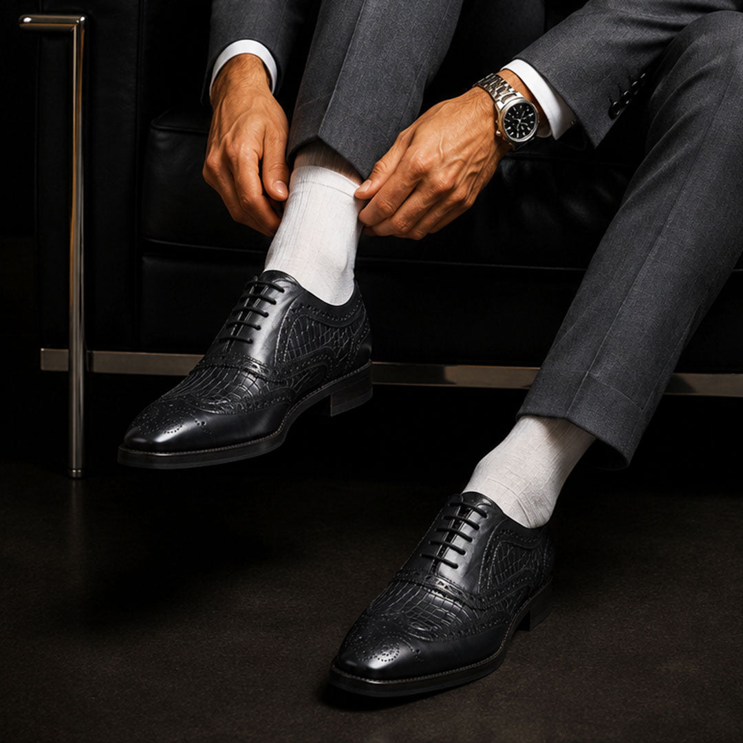The Morocco – Black Croc-Print Wingtip Brogue | Leather Shoe