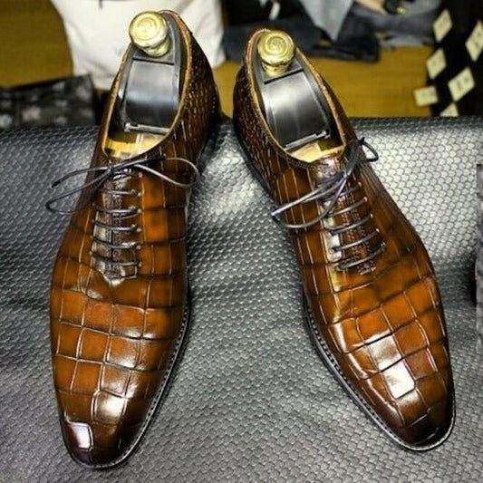 The Feather – Brown Alligator-Print Lace Up Oxford | Leather Shoe