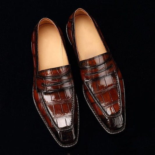 The Pistoia – Dark Brown Alligator-Print Moccasin | Leather Shoe